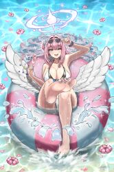 1girl absurdres adjusting_eyewear angel_wings barefoot bikini blue_archive breasts cleavage feet flower food foot_focus full_body halo highres holding holding_food holding_popsicle huge_breasts innertube large_breasts low_wings mika_(blue_archive) nail_polish ocean popsicle rag76 smile soles solo swim_ring swimsuit toenail_polish toenails water wet wet_hair white_bikini wings