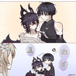 1girl 2boys armor ayanime_aya black_bodysuit black_bridal_gauntlets black_hair black_horns black_wings blonde_hair blue_flower blunt_ends bodysuit bridal_gauntlets bright_pupils closed_eyes closed_mouth colored_inner_hair covered_collarbone crossed_bangs dragon_horns dragon_wings durin_(genshin_impact) emphasis_lines empty_eyes eyeliner eyeshadow flower genshin_impact gold_ring hair_flower hair_ornament hand_on_another&#039;s_shoulder horns humanization japanese_armor japanese_clothes kimono kote kurokote looking_at_another lumine_(genshin_impact) makeup mandarin_collar messy_hair middle_ring mini_durin_(genshin_impact) multicolored_flower multicolored_hair multiple_boys off_shoulder partially_shaded_face pointy_ears purple_hair red_eyeliner red_eyeshadow scaramouche_(genshin_impact) sidelocks signature spoilers spoken_squiggle squiggle tsurime unconscious v-shaped_eyebrows wanderer_(genshin_impact) white_flower white_kimono white_pupils wide-eyed wings