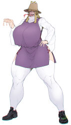 1girl alternate_breast_size arm_up black_shoes blonde_hair blunt_bangs blunt_sidelocks breasts clenched_hand evil_grin evil_smile full_body gigantic_breasts grin hair_ribbon highres horizontal_pupils loafers long_sleeves long_tongue looking_at_viewer medium_hair moriya_suwako muscular purple_skirt purple_vest pyonta red_ribbon ribbon sharp_teeth shirt shoes sidelocks signature simple_background skirt smile solo spacezin standing teeth thighhighs tongue touhou tress_ribbon turtleneck very_long_tongue vest white_background white_shirt white_thighhighs wide_sleeves yellow_eyes