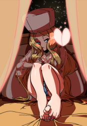 1girl 2049_(hh5566) ass bed blonde_hair blue_eyes blue_panties breasts caitlin_(pokemon) cameltoe cleavage collarbone curtains dorsiflexion elite_four eyelashes feet feet_together female_focus fingering foot_focus full_body grabbing_own_breast hand_on_own_thigh hand_up hat heart highres knees_up legs long_hair looking_at_viewer medium_breasts nail_polish neck nightcap nightgown nintendo on_bed panties parted_bangs parted_lips pokemon pokemon_bw sidelocks sitting sky star_(sky) starry_sky toenail_polish toenails toes underwear upskirt very_long_hair