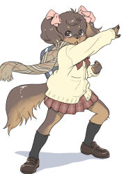 1girl animal_hands backpack bag body_fur brown_eyes brown_fur brown_scarf claws commentary_request dog_girl full_body furry furry_female kikurage_(crayon_arts) kneehighs looking_at_viewer original red_skirt scarf school_uniform simple_background skirt socks solo standing sweater tail twintails white_background yellow_sweater