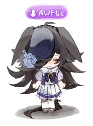 1girl animal_ears black_bow black_hair blue_flower blue_hat blue_rose blush bow brown_hair brown_shoes chibi closed_eyes closed_mouth commentary commeowdore crying english_commentary flower hair_flower hair_ornament hair_over_one_eye hat hat_flower highres horse_ears horse_girl horse_tail long_hair mood_(umamusume) pleated_skirt purple_shirt rice_shower_(umamusume) rose sailor_collar school_uniform shirt shoes short_sleeves simple_background skirt socks solo standing sweat tail tilted_headwear tracen_school_uniform umamusume white_background white_sailor_collar white_skirt white_socks