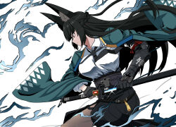 animal_ear_fluff animal_ears arm_out_of_sleeve black_hair black_necktie black_skirt blunt_bangs breasts collared_shirt dress_shirt fingerless_gloves fox_ears fox_girl gauntlets gloves green_jacket high-waist_skirt highres holding holding_sword holding_weapon hoshimi_miyabi jacket japanese_clothes katana large_breasts long_hair long_sleeves looking_to_the_side metal_belt necktie open_clothes open_jacket rakku_(10219563) red_eyes ring_hair_ornament sheath shirt simple_background single_fingerless_glove single_gauntlet skirt string sword unsheathing weapon white_background white_shirt zenless_zone_zero