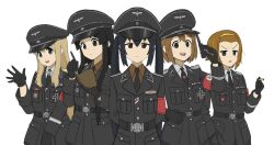 5girls akiyama_mio black_eyes black_gloves black_hair blonde_hair brown_eyes brown_hair gloves gun hairband handgun hat highres hirasawa_yui k-on! kotobuki_tsumugi long_hair military military_hat military_uniform multiple_girls nakano_azusa nazi nullpo pistol reichsadler short_hair swastika tainaka_ritsu weapon