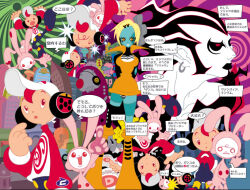 2000s_(style) 6+boys 6+girls alien amp_(cool_cool_toon) aqua_skin arm_at_side arms_behind_back baseball_cap black_hair black_headphones black_lips black_sclera black_shirt black_thighhighs black_undershirt blonde_hair blue_footwear blue_pants bodysuit bolt_(hardware) boots breasts broad_shoulders bug_print building buttons car city closed_mouth collar collarbone collared_dress colored_sclera colored_skin cool_cool_toon crossed_arms crowd dot_nose dreadlocks dress driving earrings eyelashes eyepatch forehead full_body grey_outline gyoubu_ippei hair_ornament half-closed_eyes hand_on_another&#039;s_hat hat high_collar jewelry jpeg_artifacts king_(cool_cool_toon) knee_boots large_breasts legs_apart lips looking_at_another looking_back looking_to_the_side looking_up motor_vehicle mouse_(animal) multicolored_hair multiple_boys multiple_girls number_print object_through_head official_art open_hand open_mouth orange_boots orange_collar orange_dress orange_eyes orange_pupils outdoors outline panties pants pantyshot pink_bodysuit pink_hair pointing pointing_up pointing_with_thumb pointy_ears portal_(object) print_headphones print_headwear print_shirt print_sleeves rabbit ranke_(cool_cool_toon) red_collar red_eyes red_outline red_sleeves robot screw_in_head shirt short_dress short_hair shouting silver_earrings single_earring single_tear single_thighhigh sleeve_cuffs smiley_face snk solo_focus speech_bubble standing stitched_face stitched_leg stitches streaked_hair striped_clothes striped_panties teeth thighhighs third-party_source toon_(style) translation_request trash_can turtleneck two-tone_hair two-tone_panties two-tone_shirt underwear wheel white_hair white_hat white_lips white_rabbit_(animal) white_shirt white_skin white_sleeve_cuffs white_tail yusa_(cool_cool_toon)