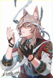 Rule 34 | 1boy, animal ear fluff, animal ears, artist name, bandages, bead bracelet, beads, black gloves, bracelet, cape, chinese clothes, commentary request, fox ears, gloves, hair between eyes, hair ornament, hair stick, half gloves, hands up, highres, honkai: star rail, honkai (series), jewelry, jiaoqiu (honkai: star rail), long hair, looking up, male focus, mandarin collar, open mouth, parted bangs, pink hair, red cape, shirt, sidelocks, signature, simple background, single glove, solo, tassel, upper body, usushio oishii, watermark, white background, white shirt, yellow eyes