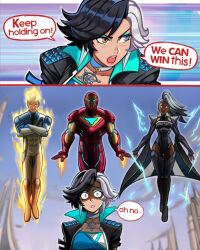 2boys 2girls arc_reactor armor avengers_(series) black_hair blue_eyes breasts choker crop_top dark-skinned_female dark_skin earrings electricity fantastic_four fire heterochromia highres iron_man iron_man_(series) jacket jewelry johnny_storm lightning_bolt_earrings lightning_bolt_symbol looking_at_viewer luna_snow marvel marvel_rivals multicolored_armor multicolored_hair multiple_boys multiple_girls neggoartz no_pupils power_armor short_hair smile snowflake_ornament split-color_hair storm_(x-men) superhero_costume thigh_armor two-tone_bodysuit two-tone_hair very_dark_skin white_hair x-men