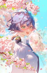 1girl absurdres alternate_costume bangboo_(zenless_zone_zero) belle_(zenless_zone_zero) blue_hair blurry blush cherry_blossoms collared_shirt commentary crossed_bangs eous_(zenless_zone_zero) flower green_eyes hair_between_eyes highres looking_at_viewer open_mouth pink_flower pink_petals shirt short_hair smile solo teeth upper_body upper_teeth_only white_shirt wonbin_lee zenless_zone_zero