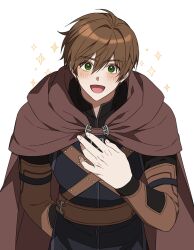 1boy alter_(mabinogi) arm_up armor belt belt_buckle black_shirt blush brown_belt brown_cape brown_hair buckle cape cowboy_shot double-parted_bangs fingernails green_eyes hair_between_eyes hand_on_own_chest highres leather_armor looking_at_viewer mabinogi male_focus open_mouth ray_(lthenray) shirt short_hair smile solo sparkle tongue white_background