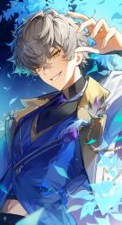 Rule 34 | 1boy, absurdres, arm up, blue background, blue shirt, commentary request, ensemble stars!, grey hair, grin, hair between eyes, highres, jacket, korean commentary, long sleeves, looking at viewer, male focus, nong 345, ogami koga, open clothes, open jacket, shirt, short hair, smile, solo, upper body, white jacket, yellow eyes