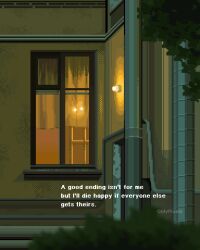 blurry blurry_foreground bush curtains dark door english_text glowing highres industrial_pipe no_humans onlypixeeels original outdoors pixel_art scenery window