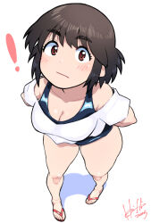! 1girl :/ absurdres arms_behind_back black_hair black_one-piece_swimsuit breasts character_request cleavage copyright_request cropped_shirt full_body highres hori_shin looking_at_viewer one-piece_swimsuit red_eyes sandals shadow shirt short_hair signature simple_background solo standing swimsuit swimsuit_under_clothes white_background white_shirt