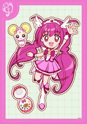 1girl arm_up bag_bow boots border bow bowtie bright_pupils brooch candy_(smile_precure!) clenched_hand coattails compact_(cosmetics) cosmetics cure_happy deformed dot_nose dotted_line feather-trimmed_sleeves footwear_ribbon frilled_skirt frills full_body grey_background grid_background hair_between_eyes hair_ornament happy highres hoshizora_miyuki jewelry knee_boots leg_up long_hair low_twintails magical_girl miniskirt open_mouth outline pink_border pink_bow pink_bowtie pink_eyes pink_hair pink_ribbon pink_shirt pink_shorts pink_skirt pink_wrist_cuffs pleated_skirt precure ribbon shirt short_sleeves shorts shorts_under_skirt signature single_stripe skirt skirt_set smile smile_precure! striped_bow tareme tiara twintails twintails_with_hair_base uwded_207 very_long_hair waist_bag white_arm_warmers white_bag white_boots white_outline white_pupils white_sleeves wing_hair_ornament wrist_cuffs