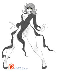1girl absurdres artist_name bare_legs black_dress black_footwear blush breasts cameltoe cleavage curly_hair curvy dress from_below full_body green_eyes high_heels highres jago_dibuja legs_apart lips long_sleeves matching_hair/eyes medium_breasts micro_panties monochrome one-punch_man panties shiny_skin short_dress short_hair simple_background smile solo tatsumaki underwear white_panties wide_hips