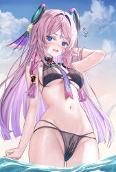 1girl @_@ adapted_costume aqua_collar arm_up bare_shoulders bikini black_bikini black_collar blue_eyes blush bracelet braid breasts citlali_(genshin_impact) cloud cloudy_sky collar day facial_mark feathers floating_headgear flying_sweatdrops forehead_mark genshin_impact gradient_necktie hair_intakes headgear highres jewelry long_hair mitsu336 navel necktie open_mouth outdoors pink_feathers pink_hair pink_necktie pink_pupils purple_feathers purple_necktie red_collar ribbed_bikini ring_hair_ornament sky solo stomach swimsuit thighs triangle triangle_facial_mark usekh_collar wading water