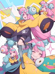 1girl :d absurdres bellibolt black_pantyhose black_shorts blue_hair blush bow-shaped_hair character_hair_ornament chibi closed_eyes double_bun grin hair_bun hair_ornament happy highres hug iono_(pokemon) jacket leg_up lightning_bolt_symbol long_hair long_sleeves looking_at_viewer low-tied_long_hair m1stm1 multicolored_hair multiple_views nintendo open_mouth oversized_clothes pantyhose pink_hair poke_ball poke_ball_(basic) pokemon pokemon_(creature) pokemon_sv purple_eyes sharp_teeth shorts single_leg_pantyhose sleeves_past_fingers sleeves_past_wrists smile sparkle split-color_hair standing standing_on_one_leg star_(symbol) teeth twintails two-tone_hair very_long_hair wide_sleeves yellow_jacket