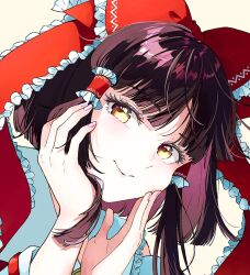 Rule 34 | 1girl, :&gt;, blunt bangs, bow, brown hair, close-up, commentary request, fingernails, frilled bow, frilled hair tubes, frilled ribbon, frills, hair tubes, hakurei reimu, hands on own face, konruri blue, looking to the side, pink nails, ribbon, simple background, solo, touhou, yellow eyes