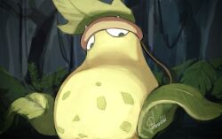 Rule 34 | artist name, black eyes, dark, fangs, gen 1 pokemon, hashtag-only commentary, jungle, leaf, looking at viewer, nature, nintendo, no humans, outdoors, plant, pokemon, pokemon (creature), sakuraiisui, signature, solo, tree, victreebel, vines
