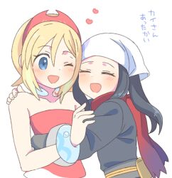 2girls ;d akari_(pokemon) black_hair blonde_hair blue_eyes blush closed_eyes galaxy_expedition_team_survey_corps_uniform hair_between_eyes hairband hug irida_(pokemon) long_hair long_sleeves looking_at_another multiple_girls natsuha_(728_24) nintendo one_eye_closed open_mouth pokemon pokemon_legends:_arceus red_hairband red_scarf scarf shirt short_hair smile strapless strapless_shirt white_background yuri