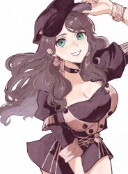 Rule 34 | 1girl, adjusting clothes, adjusting headwear, arm up, black choker, black hat, black jacket, breasts, brown hair, chimney (chimney0311), choker, cleavage, cowboy shot, dorothea arnault, earrings, fire emblem, fire emblem: three houses, garreg mach monastery uniform, green eyes, grin, hat, highres, jacket, jewelry, large breasts, looking at viewer, nintendo, smile, solo, standing, thighs