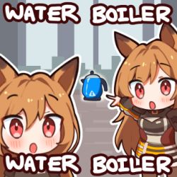 Rule 34 | 2girls, :o, animal ears, arknights, brown hair, brown jacket, ceobe (arknights), chibi, clone, dog ears, dog girl, electric kettle, english text, greypidjun, jacket, kettle, looking at viewer, lowres, meme, multiple girls, pointing, raised eyebrows, red eyes, two soyjaks pointing (meme)