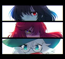 1boy 1girl 1other animal_ears aqua_eyes black_border black_hair blue_skin border colored_skin deltarune eye_focus glasses goat_ears green-framed_eyewear highres komugiko_(bitte_komu) kris_(dark_world)_(deltarune) kris_(deltarune) looking_at_viewer pink_skin portrait purple_eyes purple_hair ralsei red_eyes round_eyewear simple_background white_background