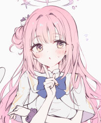 1girl blush bow halo mika_(blue_archive) pink_hair simple_background solo tokkyu white_background yellow_eyes