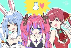 Rule 34 | 3girls, :d, animal ear fluff, animal ears, bare arms, bare shoulders, black leotard, blue background, blue eyes, blue hair, braid, breasts, brown eyes, brown leotard, carrot hair ornament, cleavage, clothing cutout, commentary request, detached sleeves, don-chan (usada pekora), dress, fang, food-themed hair ornament, girl sandwich, gloves, hair ornament, hair ribbon, hand up, heart, heterochromia, highres, hololive, hololive dev is, houshou marine, houshou marine (1st costume), jacket, kikirara vivi, kiritoma, leotard, leotard under clothes, long sleeves, medium breasts, multicolored hair, multiple girls, open mouth, pink hair, puffy short sleeves, puffy sleeves, purple hair, purple sleeves, rabbit-shaped pupils, rabbit ears, red eyes, red hair, red jacket, red ribbon, ribbon, sandwiched, shirt, short eyebrows, short sleeves, shoulder cutout, signature, sleeveless, sleeveless jacket, small breasts, smile, strapless, strapless dress, strapless leotard, symbol-shaped pupils, thick eyebrows, twin braids, twintails, two-tone hair, upper body, usada pekora, usada pekora (1st costume), v-shaped eyebrows, virtual youtuber, white dress, white gloves, white hair, white shirt, white sleeves