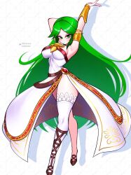 1girl arm_behind_head arm_up armlet armpits artist_name asymmetrical_legwear bracer breasts brown_sandals closed_mouth commentary dress full_body green_eyes green_hair highres jaxdrawz jewelry kid_icarus kid_icarus_uprising large_breasts long_dress long_hair looking_at_viewer nintendo palutena parted_lips patreon_logo patreon_username sandals shadow side_slit single_thighhigh smile solo strapless strapless_dress thighhighs very_long_hair white_background white_dress white_thighhighs
