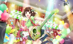 1girl :d animal_ears artist_request black_skirt black_socks blunt_bangs bow bracelet brown_hair brown_shoes ceiling confetti curled_tail dog_ears dog_girl dog_tail electric_guitar floppy_ears flower from_below front-tie_top green_shirt guitar hair_bow hair_flower hair_ornament hairpin holding holding_guitar holding_instrument holding_plectrum instrument jewelry jumping kneehighs lens_flare loafers looking_at_viewer musical_note navel official_art open_mouth paper_chain plectrum shibarin_(show_by_rock!!) shirt shoes short_hair short_sleeves show_by_rock!! skirt smile socks solo sparkle stage stage_lights sticker tail third-party_source yellow_eyes