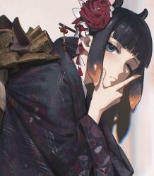 1girl black_hair black_kimono blue_eyes blunt_bangs closed_mouth flower gradient_hair hair_flower hair_ornament hair_stick hand_on_own_chin highres hololive hololive_english japanese_clothes kimono multicolored_hair ninomae_ina&#039;nis ninomae_ina&#039;nis_(new_year) official_alternate_costume one_eye_closed orange_hair red_flower solo tarinne tentacle_hair virtual_youtuber