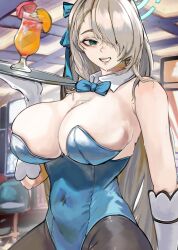 Rule 34 | 1girl, absurdres, asuna (blue archive), asuna (bunny) (blue archive), black pantyhose, blue archive, blue bow, blue bowtie, blue eyes, blue halo, blue leotard, bow, bowtie, breasts, covered navel, detached collar, drink, gloves, hair over one eye, halo, highleg, highleg leotard, highres, holding, holding tray, huge breasts, kaiser (kaiserofart), leotard, light brown hair, long hair, official alternate costume, pantyhose, playboy bunny, solo, strapless, strapless leotard, traditional bowtie, tray, white gloves