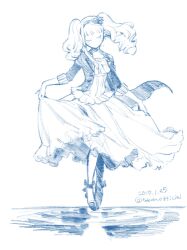 1girl blue_theme blunt_bangs choker closed_eyes crying dated dress elizabeth_ethel_cordelia_midford full_body hairband highres holding_dress holding_unworn_clothes jacket kuroshitsuji lifting_own_clothes long_hair long_skirt monochrome no_mouth shirt simple_background single_sidelock sketch skirt solo standing strapless strappy_heels tears toboso_yana twintails twitter_username water white_background