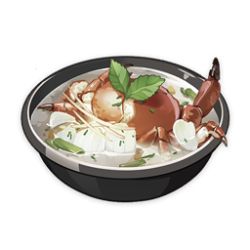 artist_request bowl commentary crab english_commentary flower food food_focus game_cg garnish genshin_impact leaf lowres mint muted_color no_humans official_art petals simple_background soup still_life third-party_source transparent_background white_flower