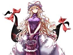 1girl blonde_hair bow breasts chinese_commentary commentary_request cowboy_shot disembodied_eye dress findzhenxin folding_fan gap_(touhou) hand_fan hat hat_ribbon holding holding_fan holding_umbrella large_breasts long_hair looking_at_viewer mob_cap puffy_short_sleeves puffy_sleeves purple_eyes purple_tabard red_bow red_ribbon ribbon short_sleeves simple_background smile solo tabard touhou transparent_background umbrella very_long_hair wavy_hair white_dress white_hat yakumo_yukari