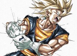 Rule 34 | 1boy, blonde hair, blue shirt, dougi, dragon ball, dragonball z, earrings, faux traditional media, green eyes, highres, jewelry, male focus, medium hair, muma maximum76, muscular, muscular male, orange shirt, potara earrings, shirt, simple background, solo, spiked hair, super saiyan, super saiyan 1, upper body, vegetto, white background