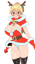 1girl antlers bell belt between_breasts black_hair black_thighhighs blonde_hair blue_eyeshadow blush bow breasts brown_belt bun_cover capelet catherine_(conto) choker cleavage conto cowboy_shot dress eyeshadow flying_sweatdrops fur-trimmed_capelet fur-trimmed_dress fur-trimmed_gloves fur_trim gloves gluteal_fold hair_bow horns jingle_bell large_breasts looking_at_viewer makeup neck_bell original panties pink_lips pom_pom_(clothes) red-framed_eyewear red_dress red_gloves reindeer_antlers santa_costume semi-rimless_eyewear short_hair simple_background solo star_(symbol) strapless strapless_dress thighhighs under-rim_eyewear underwear white_background white_panties