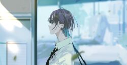 1girl asakura_toru breast_pocket earrings idolmaster idolmaster_shiny_colors jewelry leaf light_rays matoba_(ga6life) necktie pen pocket road street