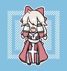 Rule 34 | 1girl, :o, back bow, blue background, bow, chibi, chibi only, commentary request, covering own eyes, cross, cross necklace, dress, full body, grey hair, hair bow, high priest (ragnarok online), jewelry, long hair, long sleeves, necklace, open mouth, pelvic curtain, porinu, ragnarok online, red bow, red dress, round teeth, sash, solo, teeth, two-tone dress, upper teeth only, white dress, white sash