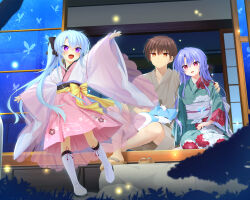 1boy 2girls :3 :d ^_^ aged_up alternate_costume alternate_hairstyle animal animal_on_lap animal_print architecture black_bow blue_butterfly blue_hair boots bow braid brown_eyes brown_hair bug butterfly butterfly_print child closed_eyes closed_mouth commentary commission couple east_asian_architecture eyes_visible_through_hair family fang father_and_daughter fireflies floral_print floral_print_kimono frilled_kimono frills full_body glowing_butterfly green_kimono hair_between_eyes hair_bobbles hair_bow hair_ornament half_up_braid hand_on_another&#039;s_shoulder happy hetero highres husband_and_wife if_they_mated inari_(summer_pockets) insect japanese_clothes kimono leaning_on_person light_blue_hair long_hair long_skirt long_sleeves looking_at_animal looking_at_another mother_and_daughter multiple_girls night nontraditional_miko on_lap open_mouth otou_(otou_san) outdoors outstretched_arms outstretched_hand pink_kimono pink_skirt ponytail print_kimono purple_eyes red_eyes ringed_eyes sandals short_hair sidelocks sitting skeb_commission skirt smile sorakado_ao standing straight_hair summer_pockets takahara_hairi tsurime very_long_hair white_footwear white_kimono wide_sleeves yellow_bow yokozuwari