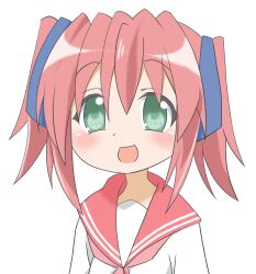 1girl blush dot_nose feet_out_of_frame female_focus green_eyes hair_between_eyes kmym97457689 kobayakawa_yutaka looking_at_viewer lucky_star open_mouth red_hair red_sailor_collar ryouou_school_uniform sailor_collar school_uniform serafuku shirt simple_background standing upper_body white_background