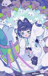 Rule 34 | 1girl, :d, absurdres, animal ears, aqua necktie, arm up, blue eyes, cat ears, cat girl, chibi, coat, cocoon, commentary request, cotono (nazekun), encasement, fang, foliage, forest, from above, glasses, green pupils, highres, lab coat, leaf, long sleeves, loose socks, nature, necktie, open mouth, original, poison, rabbit, round eyewear, scientist, skull and crossbones, sleeves past fingers, sleeves past wrists, smile, socks, sparkling eyes, white coat
