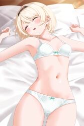 1girl 4kimizuki absurdres black_hairband blonde_hair blush bow bow_bra bow_panties bra closed_eyes commentary_request hairband highres hololive kazama_iroha lying navel on_back open_mouth paid_reward_available panties polka_dot polka_dot_bra polka_dot_panties short_hair sleeping solo underwear underwear_only variant_set virtual_youtuber white_bra white_panties