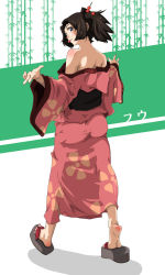 00s 1girl :p ass bare_shoulders blue_eyes blush body_blush brown_hair clogs feet female_focus full_body fuu_(samurai_champloo) hair_ornament highres japanese_clothes kimono long_hair looking_back maaru nail_polish samurai_champloo sandals solo tongue tongue_out white_background
