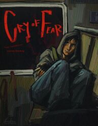 1boy absurdres bag black_gloves black_hair chain crossed_arms cry_of_fear curled_up denim english_text fingerless_gloves gloves grey_hoodie highres hood hood_up hoodie jeans leaning_on_object leaning_to_the_side male_focus neo_jpeg pants shoulder_bag simon_henriksson solo window