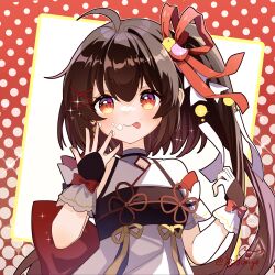 Rule 34 | 1girl, ahoge, black gloves, black outline, bow, brown eyes, brown hair, china dress, chinese clothes, closed mouth, commentary request, dot nose, dress, fingerless gloves, food, food on face, frilled gloves, frills, glove bow, gloves, hair ornament, hair ribbon, highres, indie virtual youtuber, licking lips, long hair, looking at viewer, outline, polka dot, polka dot background, red background, red bow, red ribbon, ribbon, side ponytail, sidelocks, signature, simple background, smile, solo, tongue, tongue out, two-tone background, very long hair, virtual youtuber, white background, white dress, x hair ornament, ximilulu, yousa
