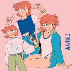 1girl aged_up alternate_costume asymmetrical_hair blue_nails blush breasts can character_print denim earrings eyelashes fairybees green_eyes green_pants gym_leader hand_on_own_hip hand_up highres holding holding_can jacket jewelry long_sleeves looking_at_viewer misty_(pokemon) nail_polish navel nintendo one-piece_swimsuit open_clothes open_jacket open_mouth orange_hair pants pokemon pokemon_(anime) pokemon_(classic_anime) pokemon_gsc pokemon_hgss pokemon_rgby ponytail scrunchie shirt short_hair short_sleeves shorts side_ponytail sitting smile swimsuit t-shirt v white_one-piece_swimsuit white_shirt wrist_scrunchie