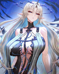 Rule 34 | 1girl, absurdres, bare shoulders, black dress, blonde hair, blue eyes, blue hands, breasts, cleavage, colored inner hair, commentary, crown of thorns, dress, english commentary, fleurdelys (wuthering waves), highres, horns, huge breasts, long hair, mcdobo, multicolored hair, paid reward available, pointy ears, single horn, solo, tabard, tacet mark (wuthering waves), very long hair, white tabard, wuthering waves, yellow horns