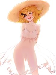 1girl arms_behind_back backlighting blonde_hair blush cgator contrapposto dokibird_(vtuber) dress feather_hair flat_chest frilled_dress frills futanari green_eyes hair_flaps hair_ornament hat highres indie_virtual_youtuber legs_apart long_dress looking_at_viewer medium_hair open_mouth penis see-through_silhouette simple_background smile solo spaghetti_strap straw_hat sun_hat sundress virtual_youtuber white_background white_dress x_hair_ornament
