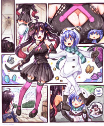 2girls :d ahoge arrow_(symbol) bed bikini black_bikini black_hat black_shirt black_sleeves blue_bow blue_eyes blue_hair blush boots bow breasts brown_footwear brown_hair brown_mittens brown_skirt cleavage cleavage_cutout closed_eyes clothing_cutout demon_horns detached_sleeves diamond_(gemstone) dress flower fur-trimmed_boots fur_trim garter_straps gem hair_between_eyes hair_bow hair_flower hair_ornament hallway hat holding holding_bikini holding_swimsuit holding_unworn_clothes horns indoors large_breasts long_sleeves mini_hat mini_top_hat mittens multicolored_hair multiple_girls nijisanji open_mouth pantyhose pickaxe pink_hair pink_legwear pleated_skirt poop purple_eyes shirt shoe_soles shoes skirt sleeping sleeveless sleeveless_shirt sleeves_past_wrists smile snowman_costume spoken_object striped_bikini striped_clothes swimsuit thighhighs tilted_headwear top_hat two-tone_hair under_covers unworn_bikini unworn_swimsuit utsurogi_angu vertical-striped_bikini vertical-striped_clothes virtual_youtuber white_dress white_flower white_legwear window yamiyono_moruru yuuki_chihiro zzz